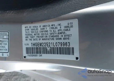 2001 Honda Civic Lx z USA, uszkodzony, nr VIN 1HGEM22521L079963